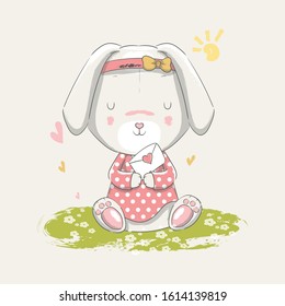 Vector hand drawn illustration of a cute baby bunny sitting on the garden. Can be used for t-shirt print, kids wear fashion design, baby shower invitation card.