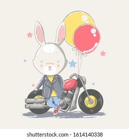 Vector hand drawn illustration of a cute baby bunny with motorcycle. Can be used for t-shirt print, kids wear fashion design, baby shower invitation card.