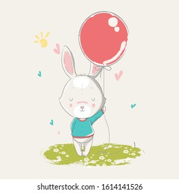 Vector hand drawn illustration of a cute baby bunny with balloons. Can be used for t-shirt print, kids wear fashion design, baby shower invitation card.