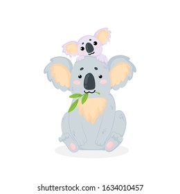 Vector hand drawn illustration of cute koala bear mother and her baby in cartoons style. Isolated on white background.  Mothers Day art with funny koala mother with koala baby in childish style.