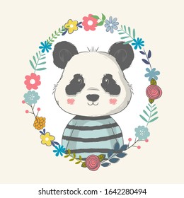 Vector hand drawn illustration of a cute baby panda with flowers.