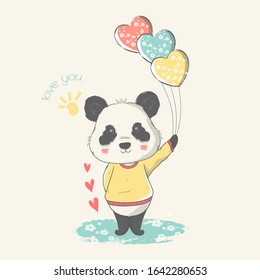 Vector hand drawn illustration of a cute baby panda with balloons.