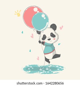 Vector hand drawn illustration of a cute baby panda with balloons.