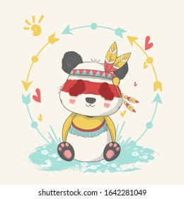 Vector hand drawn illustration of a cute baby panda with apache custom.
