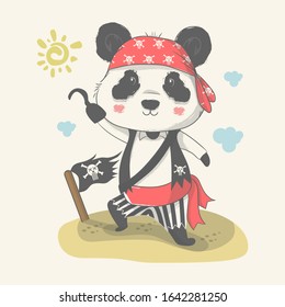 Vector hand drawn illustration of a cute baby panda with pirate custom.