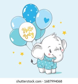 Vector hand drawn illustration of a cute baby elephant with blue balloons.