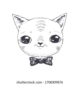 Vector hand drawn illustration of cute cat in bow-tie isolated on white. Funny cartoon animal character in sketch style.