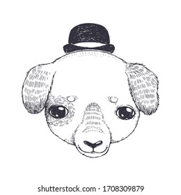 Vector hand drawn illustration of cute dog face in hat isolated on white. Sketch of funny cartoon animal character.