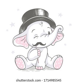 Vector hand drawn illustration of a cute baby elephant with mustache wearing top hat.