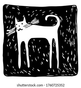 Vector hand drawn illustration of a cute white cat on black background. Isolated black and white design. Perfect for stickers, tattoos, home decorations, stationary, badges, packages.