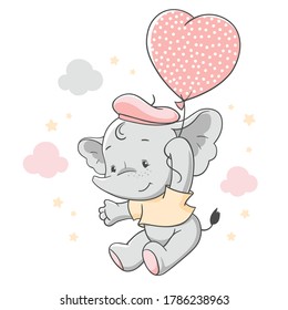 Vector hand drawn illustration of a cute baby elephant floating with a pink balloon.