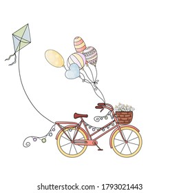 Vector hand drawn illustration of cute red bicycle with balloons, kite, garland and basket with flowers isolated on white background. Graphic element for package, print, card, poster, fabric, textile.