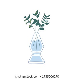 Vector hand drawn illustration. Cute glass vase with decorative brunch of branches and leafs. Printable for home decor.