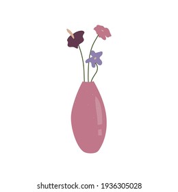 Vector hand drawn illustration. Cute shiny pink floral vase with home flowers. Printable for home decor.