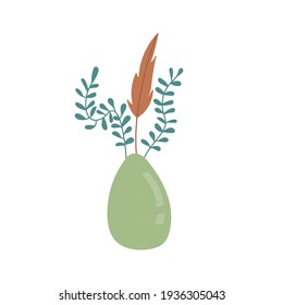 Vector hand drawn illustration. Cute shiny green vase with brunch of branches and bird feather. Printable for home decor.