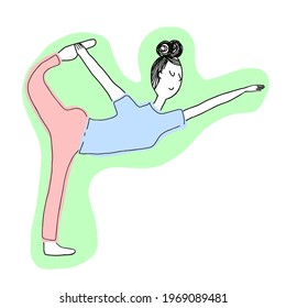 Vector hand drawn illustration with cute girl doing yoga. Vector illustration.