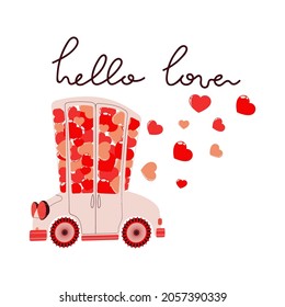 Vector hand drawn illustration of cute car with pink and red hearts and slogan Hello Love for Valentine's Day a. Colorful auto with flying hearts clip art in flat design, isolated on white background.