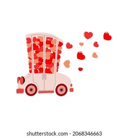 Vector hand drawn illustration of cute car with pink and red hearts for Valentine's Day. Colorful automobile with flying hearts clip art in flat design isolated on white background.