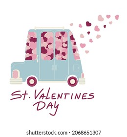 Vector hand drawn illustration of cute car with pink and red hearts and slogan Valentine's Day. Colorful auto with flying hearts clip art in flat design, isolated on white background.