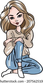 handgezeichnete Vektorgrafik süßer Mädchen In Jeans und einem Pullover