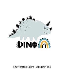 Vector hand drawn illustration with cute dinosaur and dino lettering on white isolated background. Vector illustration in scandinavian style. Childish illustration with cute animal.