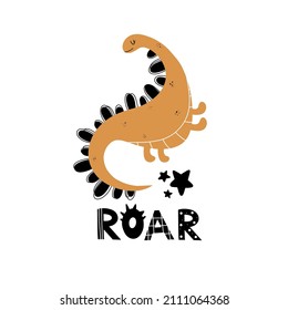 Vector hand drawn illustration with cute dinosaur and roar lettering on white isolated background. Vector illustration in scandinavian style. Childish illustration with cute animal.