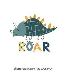 Vector hand drawn illustration with cute dinosaur and roar lettering on white isolated background. Vector illustration in scandinavian style. Childish illustration with cute animal.