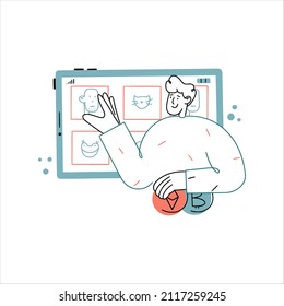 Vector hand drawn illustration. Cute modern man with coins of ethereum and bitcoin in hand is choosing some nft art cryptopunk on his tablet.
