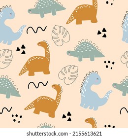 Vector hand drawn illustration with cute dinosaurs. Dino, tropical leaves, dots and doodles. Scandinavian style. For decorating a children's wall, wallpaper, clothes and textiles.