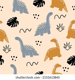 Vector hand drawn illustration with cute dinosaurs. Dino, tropical leaves, bushes, dots and doodles. Scandinavian style. For decorating a children's wall, wallpaper, clothes and textiles.