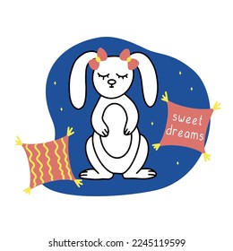 Vector hand drawn illustration. Cute little rabbit on blue background with pillows and stars. Sweet dreams