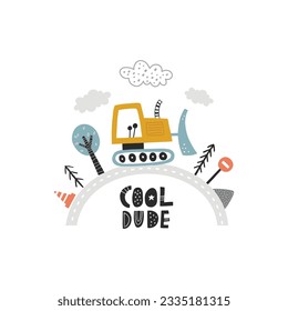 vector hand drawn illustration of a cute hand drawn excavator, trees and cool dude hand drawn text