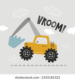 vector hand drawn illustration of a cute digging excavator car and hand lettering vroom text, funny immage for kids apparel, design for boys