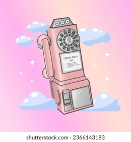 Vector hand drawn illustration of cute retro vintage pink telephone