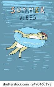 Vector hand drawn illustration of a cute dog swimming in a pool. Lettering summer vibes.