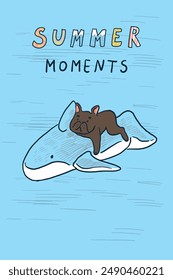 Vector hand drawn illustration of a cute little dog and a inflatable dolphin. Doodle cartoon style.