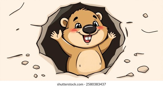 Vector Hand Drawn Illustration. Cute Marmot Cartoon Character Emerging From A Hole And Waving. 