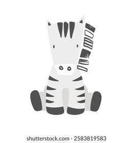 Vector hand drawn illustration of cute sitting zebra. Cute animals for children. Safari. Jungle. African animals. Perfect for kids products, posters, postcards.