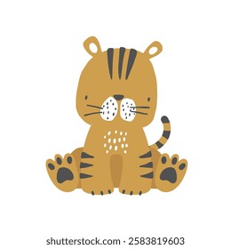 Vector hand drawn illustration of cute sitting tiger. Big cat. Cute animals for children. Safari. Jungle. African animals. Perfect for kids products, posters, postcards.