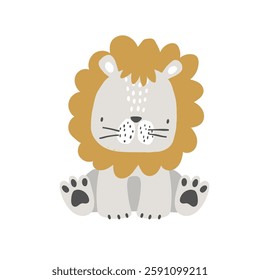 Vector hand drawn illustration of cute sitting lion. Big cat. Cute animals for children. Safari. Jungle. African animals. Perfect for kids products, posters, postcards.