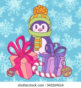 vector hand drawn illustration, cute penguin with presents on blue snowflakes background