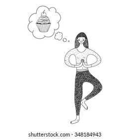 vector hand drawn illustration with a cute girl doing yoga and thinking about a cupcake