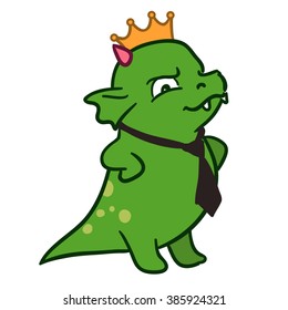 Vector hand drawn illustration of a cute fat green dragon mascot character standing with arms akimbo looking important, wearing a golden crown and black neck tie. Happy boss's day illustration.