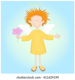 Vector hand drawn illustration of a cute smiling flying angel with flower