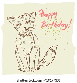 Vector hand drawn illustration of the cute striped kitten with the bow tie on the textured paper background and text Happy Birthday. Linear hand drawn sketch of the funny striped cat with the bow tie.