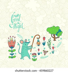 vector hand drawn illustration with cute character on wonderful flower meadow. mouse with lantern in magic forest