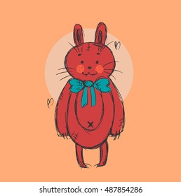 Vector hand drawn illustration with cute funny big red bunny with bow.