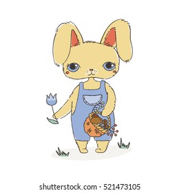 Vector hand drawn illustration of cute bunny with flower and mushroom basket. Can be used for shirt design or fashion print and design for kids.
