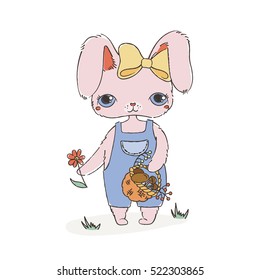 Vector hand drawn illustration of cute bunny with flower and mushroom basket. Can be used for shirt design or fashion print and design for kids.