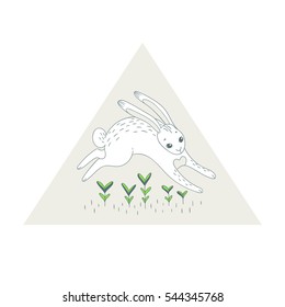 Vector hand drawn illustration of a cute rabbit in the forest.